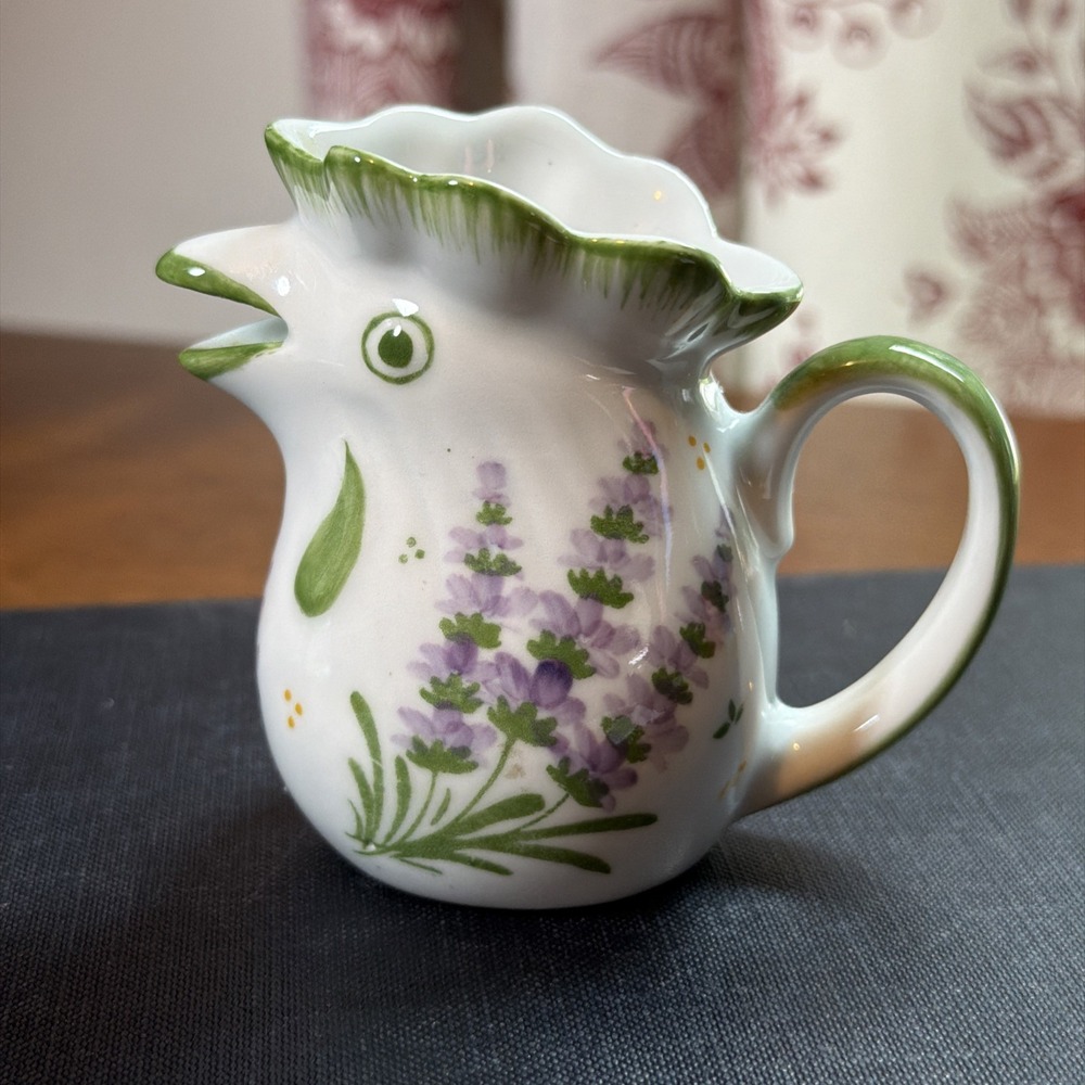 Vintage Hand Painted Mini Rooster Creamer Purple Flowers Porcelain
